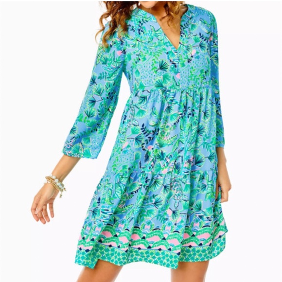 Martine 3/4 Sleeve Dress Frenchie Blue Mosaic Shells Engineered Dress - Picture 1 of 6